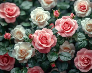 Beautiful arrangement of pink and white roses in a lush garden setting