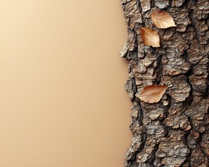 Textured tree bark with autumn leaves against a soft beige background