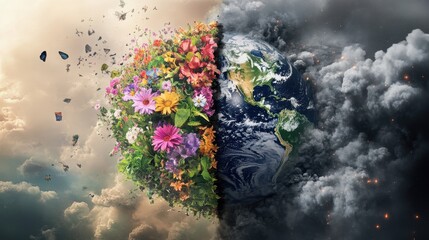 Exploring the stark contrast of a living Earth filled with vibrant flowers and life juxtaposed against a barren, polluted landscape, showcasing an urgent ecological message