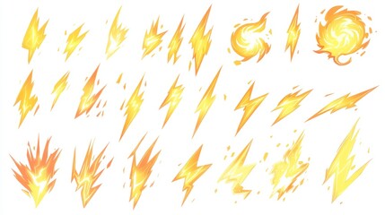 Yellow lightning bolt and fire effects; game design assets