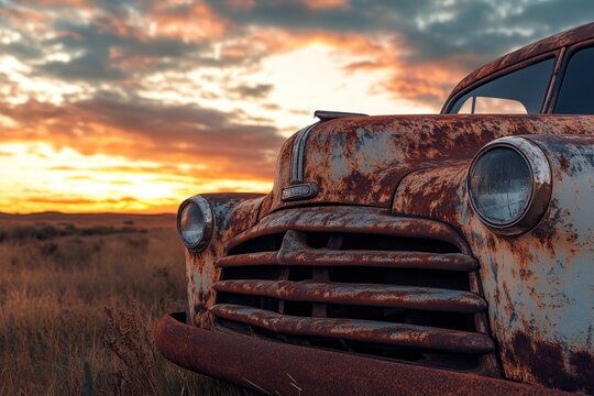 Fototapeta Rusty vintage car at sunset in a field, showcasing its aged beauty and weathered condition.