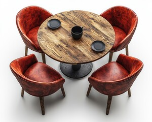A cozy dining setup featuring a round wooden table and four red chairs