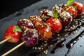 Close-up of delicious tanghulu skewers with caramelized fruits and sesame seeds