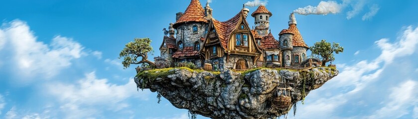 Fairytale castle on floating island, fantasy sky background, children's book illustration