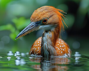 Close-up of a vibrant heron wading in tranquil waters surrounded by lush greenery