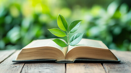 Gardening and ecology: open book with green leaf on wooden table in nature