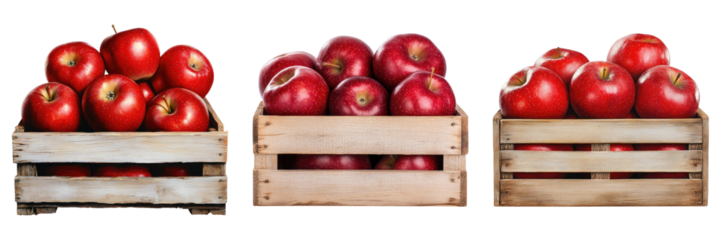 Fresh red apples stacked in wooden crates ready for sale or harvest.