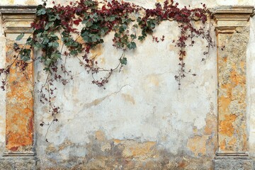 Ivy climbs a weathered, aged wall, showcasing decaying plaster and classical pillars.