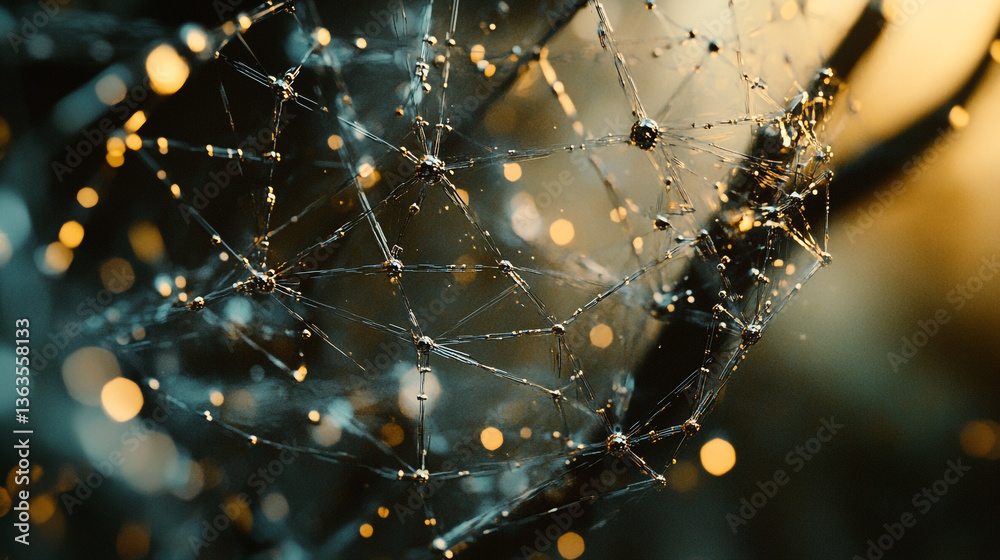 Poster close up of a complex network structure with glowing nodes and connecting lines in soft focus light