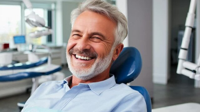 A cheerful man in a dental chair, captured from a low angle. The video concept focuses on dental care and patient satisfaction in a bright clinic.