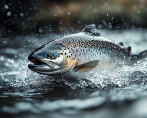 Dynamic trout leaping from a river, splashing water, showcasing nature's beauty