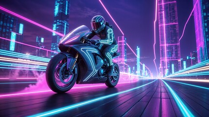 Futuristic Neon Motorcycle Rider in Cyberpunk Cityscape with Sci-Fi Aesthetic