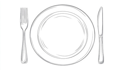 Sketch of a white plate with a fork on the left and a knife on the right in a white background