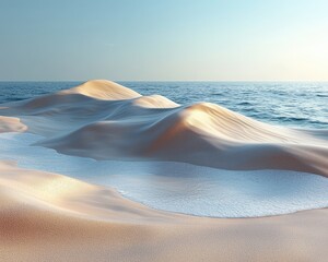 Serene beach landscape with gentle waves and soft sand dunes at sunset
