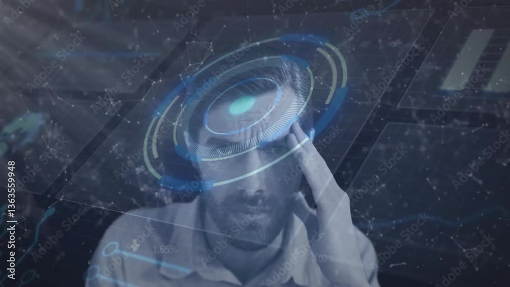 Poster man concentrating with digital interface and data processing animation over his face