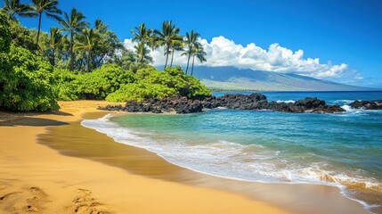 Fototapeta premium Tropical beach, palm trees, volcano view, ocean waves