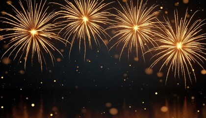 Elegant black, gold fireworks display with bokeh lights. Perfect for celebrating events, holidays, special occasions. Festive atmosphere with sparkling lights, ideal for backgrounds, digital projects.
