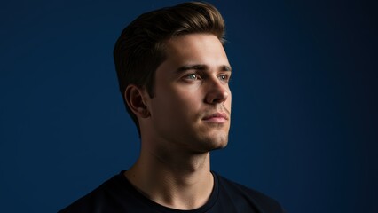 Obraz premium A handsome man with green eyes gazes upward against a dark blue background.