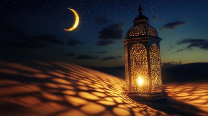 Fototapeta premium Glowing lantern casting shadows on a sand dune, crescent moon and stars, Ramadan scene.
