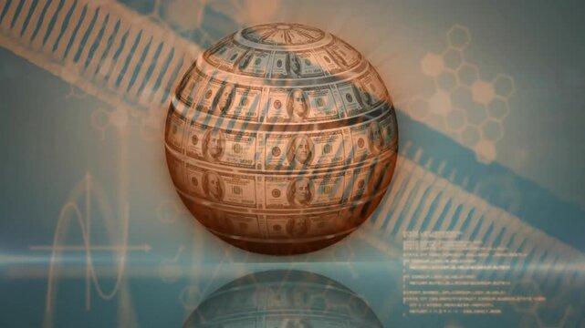 Sphere made of dollar bills with DNA strand and data processing animation - Powered by Adobe