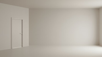 Fototapeta premium A clean white and empty room with a closed door on the left wall.