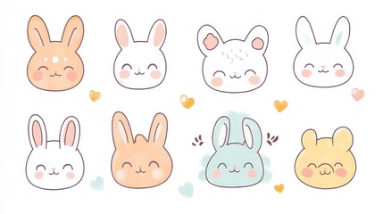 Cute bunny faces, pastel colors, white background, children's illustration, ideal for cards