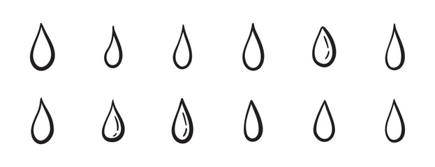 Doodle water drops hand drawn outline different shapes. sketch vector illustration of droplets. Outline tears