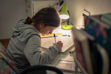 young teenage woman studying in her room
