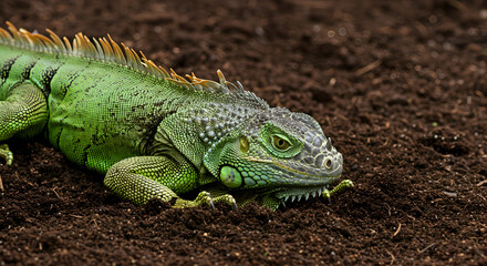 Fototapeta premium Green Iguana Engaged in Ground Excavation within Garden Soil Environment