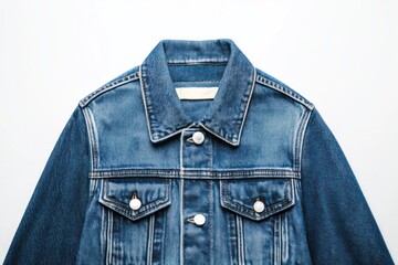 Denim Jacket Displayed with White Buttons and Pockets on a White Background