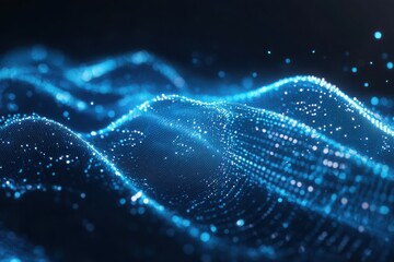 A mesmerizing ocean of shimmering blue particles, a digital seascape of light and movement, with deep dark tones and subtle sparkle.