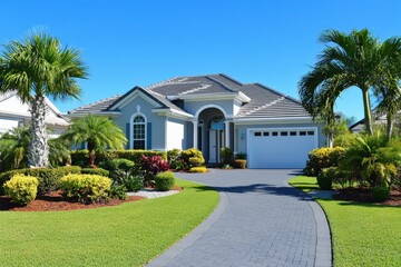 Symmetrical hedges and clean driveway enhance beautiful home landscape Generative AI