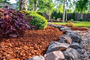Freshly mulched garden bed showcases vibrant plants and stone edging Generative AI