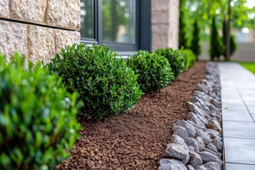 Garden bed with fresh mulch and neatly trimmed bushes enhances outdoor space Generative AI