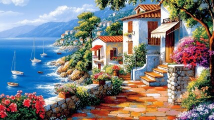 Coastal landscape with flowers, French Riviera, view of stunning picturesque coastal town