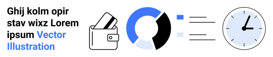 Wallet holding cards, circular data analytics chart and a clock represent digital payments, data analytics, and time management. Ideal for finance, productivity, business, tech, data analysis