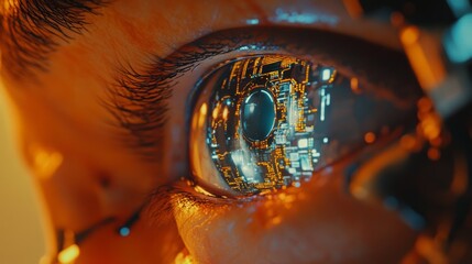 Digital Surveillance: Extreme Close-Up of Robotic or Bionic Eye with Advanced Circuitry