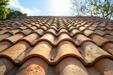 Clean roof tiles glisten under the sun near the vibrant trees Generative AI