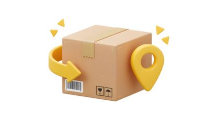 3D Cardboard box with arrow and pin location. Order return concept. Parcel is packed in recyclable carton box. Returned to sender. Cartoon design icon isolated on white background. 3D Rendering
