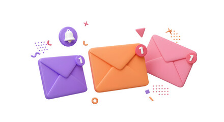3D Send letters in envelopes. Mail notification. Bell notice. Email message concept. Email newsletter with letter paper. Cartoon creative design icon isolated on white background. 3D Rendering