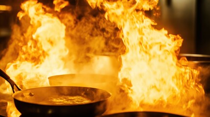 Intense Kitchen Cooking Scene with Flames and Frying Pans