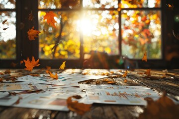 Autumn leaves fall on a wooden table with financial reports, showcasing a serene autumnal scene.