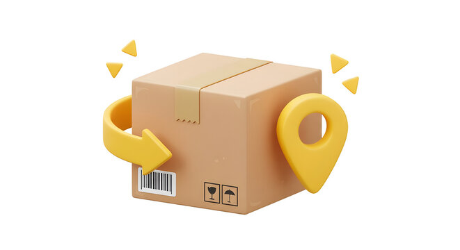 3D Cardboard box with arrow and pin location. Order return concept. Parcel is packed in recyclable carton box. Returned to sender. Cartoon design icon isolated on white background. 3D Rendering