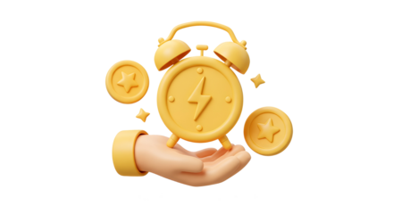 3D Hand holding alarm clock with floating coin. Fast money concept. Limited business promotion offer. Quick payment. Easy loan or credit. Cartoon creative design icon on white background. 3D Rendering