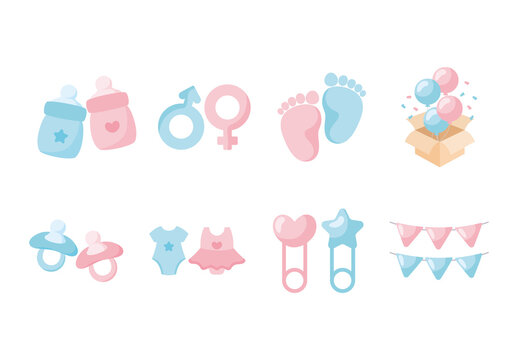 Blue And Pink Gender Reveal Baby Shower Party Illustration Set
