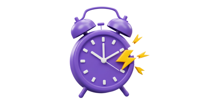 3D Alarm clock with lightning. Fast delivery concept. Limited sale for online shopping. Quick time. Wake up. Purple and yellow. Cartoon creative design icon isolated on white background. 3D Rendering