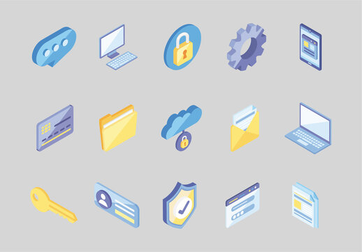 Blue And Yellow Cyber Security Network Encryption System Icons Set