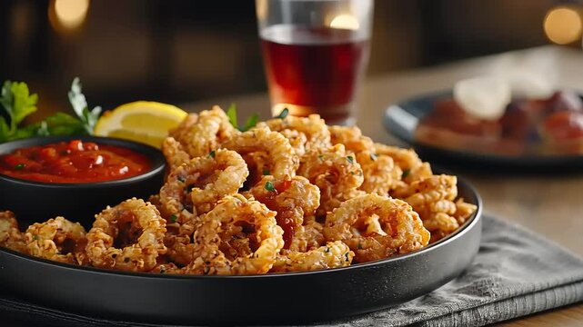 Crispy calamari served with marinara sauce and lemon