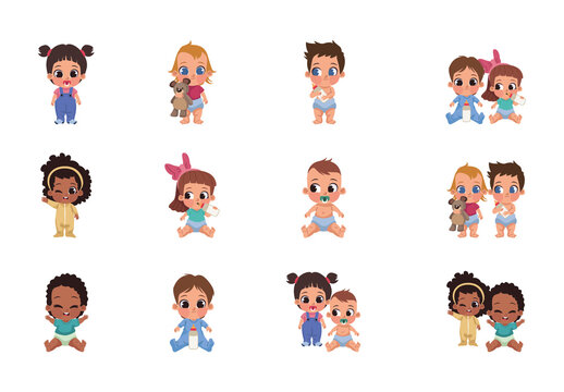 Colorful Baby Character Cute Infant Pose Design Set