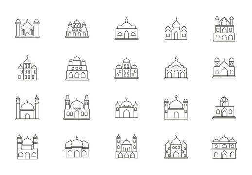 Black And White Gurdwara Religion Architecture Building Icons Set
